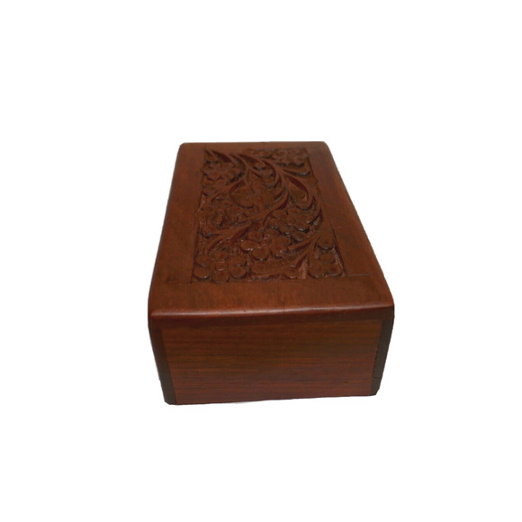 Handcarved Floral Keepsake Wood Jewelry Box With Slide open Bottom - Picture 7 of 16